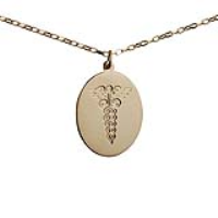 9ct Gold 26x21mm oval hand engraved medical alarm symbol Disc Pendant with a 1.4mm wide belcher Chain