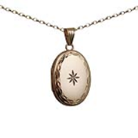 9ct Gold 27x20mm oval diamond set and hand engraved edge Locket with a 1.4mm wide belcher Chain