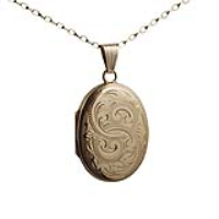 9ct Gold 27x20mm oval hand engraved Locket with a 1.4mm wide belcher Chain 16 inches Only Suitable for Children