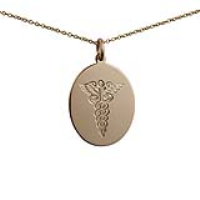 9ct Gold 27x21mm oval hand engraved medical alarm symbol Disc Pendant with a 1.1mm wide cable Chain