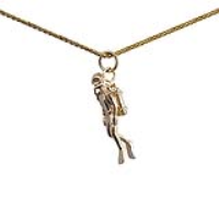 9ct Gold 27x8mm Aqualung Diver Swimming Pendant with a 1.1mm wide spiga Chain