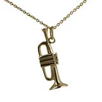 9ct Gold 27x9mm Trumpet Pendant with a 1.1mm wide cable Chain 16 inches Only Suitable for Children