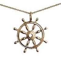 9ct Gold 28mm solid Ships Wheel Pendant with a 1.1mm wide cable Chain
