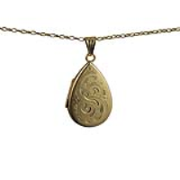 9ct Gold 28x19mm teardrop hand engraved flat Locket with a 1.4mm wide belcher Chain 16 inches Only Suitable for Children