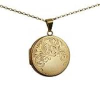 9ct Gold 29mm round half hand engraved flat Locket with a 1.4mm wide belcher Chain 18 inches