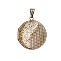 9ct Gold 29mm round hand engraved and engine turned flat Locket