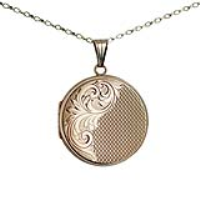 9ct Gold 29mm round hand engraved and engine turned flat Locket with a 1.4mm wide belcher Chain 16 inches Only Suitable for Children