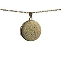 9ct Gold 29mm round hand engraved flat Locket with a 1.4mm wide belcher Chain 24 inches