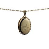 9ct Gold 29x22mm oval half hand engraved flowers twisted wire edge Locket with a 1.4mm wide belcher Chain 16 inches Only Suitable for Children