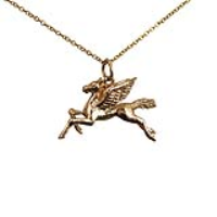 9ct Gold 29x27mm solid Pegasus in Flight Pendant with a 1.1mm wide cable Chain 16 inches Only Suitable for Children