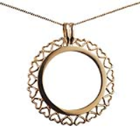 9ct Gold 30mm Full Sovereign mount with pierced hearts edge Pendant with a 0.6mm wide curb Chain