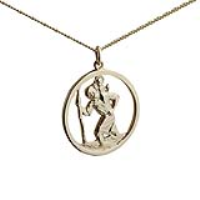 9ct Gold 30mm round cut out St Christopher Pendant with a 1.8mm wide curb Chain