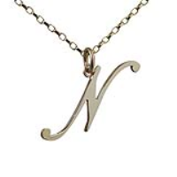 9ct Gold 30x11mm plain palace script Initial N Pendant with a 1.4mm wide belcher Chain 16 inches Only Suitable for Children
