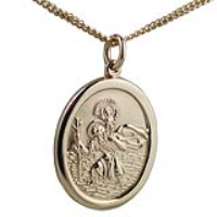 9ct Gold 30x21mm oval St Christopher Pendant with a 1.8mm wide curb Chain