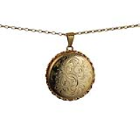 9ct Gold 31mm round hand engraved twisted wire edge Locket with a 1.4mm wide belcher Chain