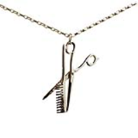 9ct Gold 35x20mm Scissors & Comb Pendant with a 1.4mm wide belcher Chain