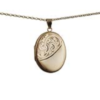 9ct Gold 35x26mm oval half hand engraved flat Locket with a 1.4mm wide belcher Chain 16 inches Only Suitable for Children