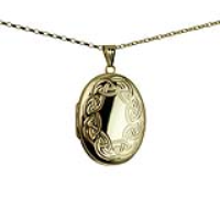 9ct Gold 35x26mm oval hand engraved celtic pattern Locket with a 1.4mm wide belcher Chain