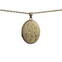 9ct Gold 35x26mm oval hand engraved flat Locket with a 1.4mm wide belcher Chain 16 inches Only Suitable for Children