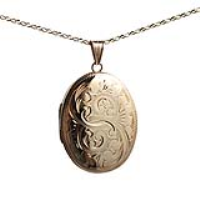 9ct Gold 35x26mm oval hand engraved Locket with a 1.4mm wide belcher Chain