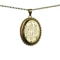 9ct Gold 37x28mm oval hand engraved flowers twisted wire edge Locket with a 1.4mm wide belcher Chain 16 inches Only Suitable for Children
