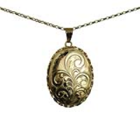 9ct Gold 37x28mm oval hand engraved twisted wire edge Locket with a 1.4mm wide belcher Chain