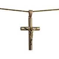 9ct Gold 40x25x4mm handmade Memorial Crucifix Cross with a 1.1mm wide spiga Chain