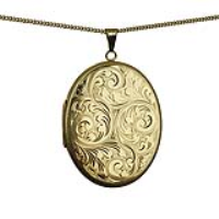 9ct Gold 45x36mm oval hand engraved flat Locket with a 1.8mm wide curb Chain 16 inches Only Suitable for Children