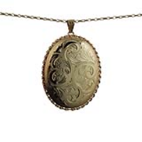 9ct Gold 48x38mm oval hand engraved twisted wire edge Locket with a 1.4mm wide belcher Chain