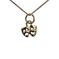 9ct Gold 8x10mm Theatrical Comedy and Tragedy Pendant with a 0.6mm wide curb Chain 18 inches