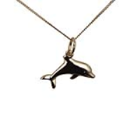 9ct Gold 9x19mm leaping Dolphin Pendant with a 0.6mm wide curb Chain