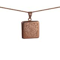9ct Rose Gold 22mm square hand engraved flat Locket with a 1mm wide curb Chain