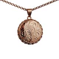 9ct Rose Gold 25mm round hand engraved twisted wire edge flat Locket with a 2.2mm wide belcher Chain