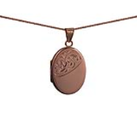 9ct Rose Gold 26x19mm oval half hand engraved flat Locket with a 1mm wide curb Chain