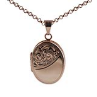 9ct Rose Gold 26x19mm oval half hand engraved flat Locket with a 2.2mm wide belcher Chain 18 inches
