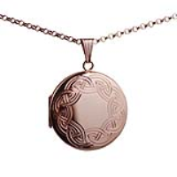 9ct Rose Gold 29mm round hand engraved celtic pattern Locket with a 2.2mm wide belcher Chain