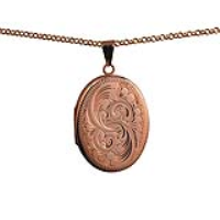 9ct Rose Gold 35x26mm oval hand engraved flat Locket with a 2.2mm wide belcher Chain 22 inches