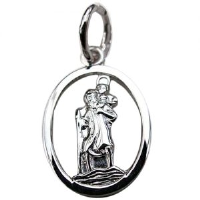 9ct White Gold 14x11mm oval pierced St Christopher Pendant