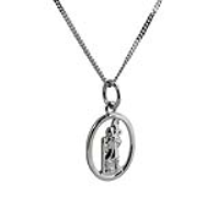 9ct White Gold 14x11mm oval pierced St Christopher Pendant with a 1mm wide curb Chain