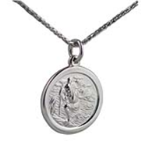 9ct White Gold 20mm round St Christopher Pendant with a 1.1mm wide spiga Chain 20 inches
