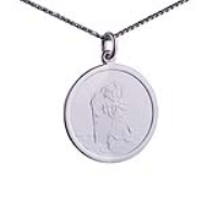 9ct White Gold 25mm round St Christopher Pendant with a 1.1mm wide spiga Chain 24 inches