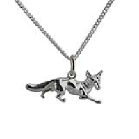 Silver 10x25mm running Fox Pendant with a 1.3mm wide curb Chain 20 inches