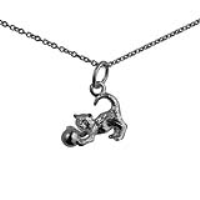 Silver 11x19mm Cat playing with Ball Pendant with a 1mm wide rolo Chain 16 inches Only Suitable for Children