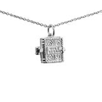 Silver 12x11mm moveable Bible with the Hail Mary inside Pendant with a 1mm wide rolo Chain 18 inches