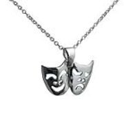 Silver 12x19mm Theatrical Comedy and Tragedy Pendant with a 1mm wide rolo Chain
