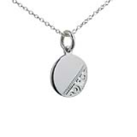 Silver 13mm round hand engraved Disc Pendant with a 1mm wide rolo Chain 18 inches