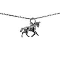 Silver 13x19mm Saddled Cantering Horse Pendant with a 1mm wide rolo Chain 18 inches