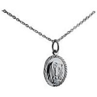 Silver 14x11mm oval Our Lady of Sorrows Pendant with a 1mm wide rolo Chain