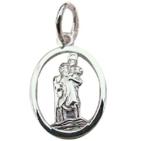 Silver 14x11mm oval pierced St Christopher Pendant