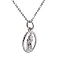 Silver 14x11mm oval pierced St Christopher Pendant with a 1mm wide rolo Chain 18 inches